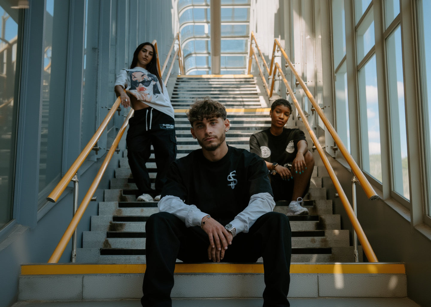 Three young models pose on a wide concrete staircase with yellow handrails, wearing streetwear apparel from the brand Sleepless Society.